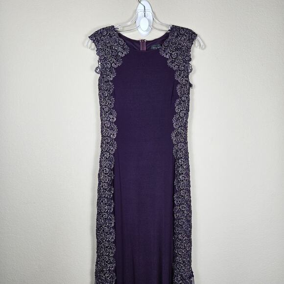 XSCAPE Purple Crochet Lace Column Gown Formal Dress 4 Sheer Stretch Event Party - Picture 3 of 16